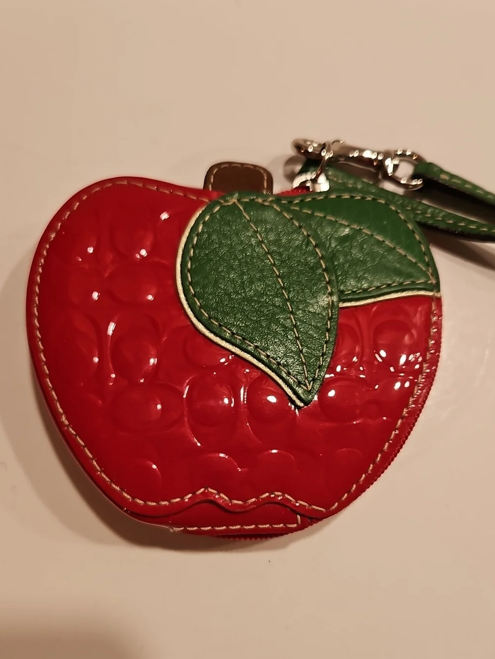 COACH RED PATENT LEATHER APPLE COIN PURSE, KEYCHAIN, WRISTLET.